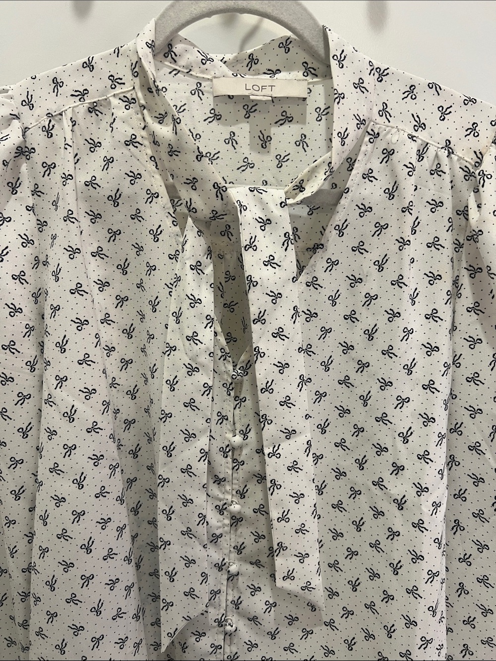 LOFT White Blouse with Navy Bow Motif and Tie Neck